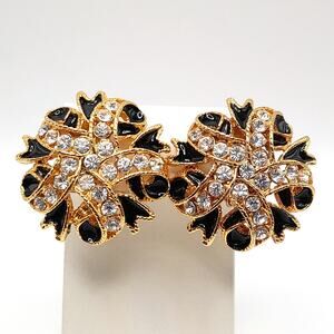Vintage Large Rhinestone Ribbon Clip Earrings, Black Enamel, 1980s Jewelry